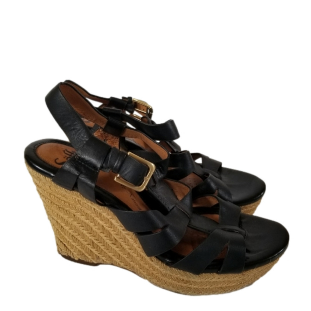 SOFFT Black Leather Heeled Wedge Espadrille Sandals Size 9.5